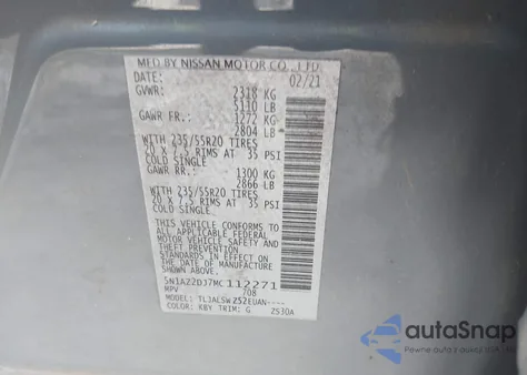 2021 Nissan Murano Platinum Fwd z USA, uszkodzony, nr VIN 5N1AZ2DJ7MC112271